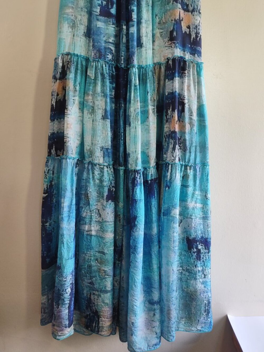 Johnny Was Mint Tiered Silk Maxi Dress Size Large Sea Blue Boho Chic Beach - Picture 11 of 15